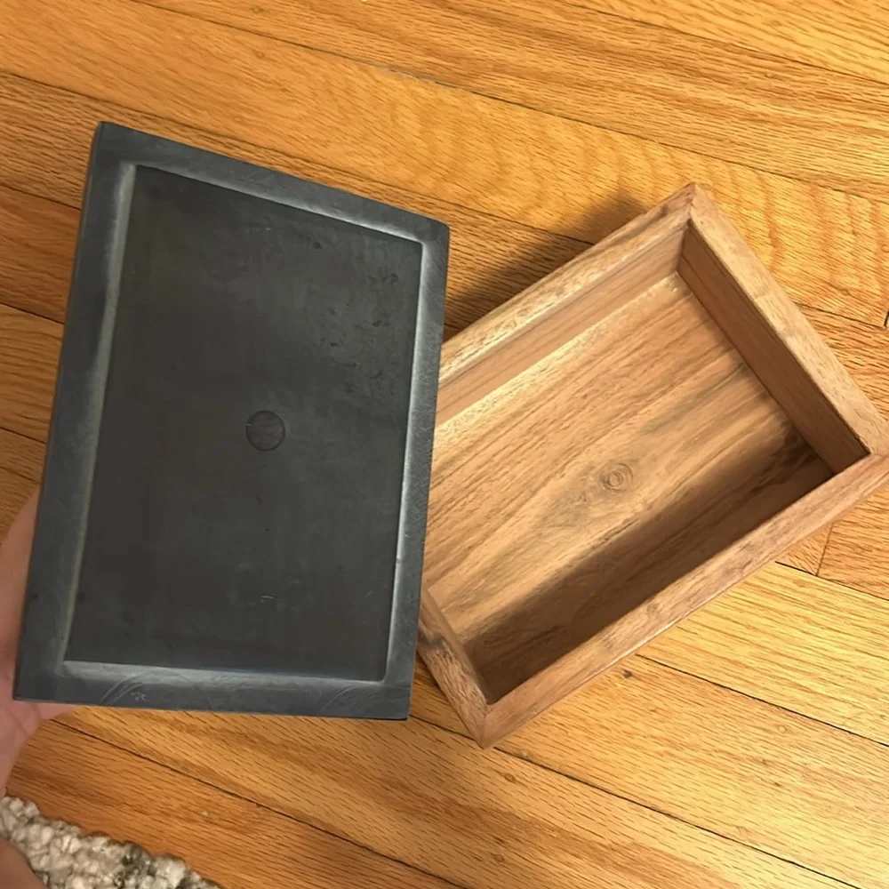 Decorative Black Marble and Natural Wood Jewelry Storage Box with Agate Knob